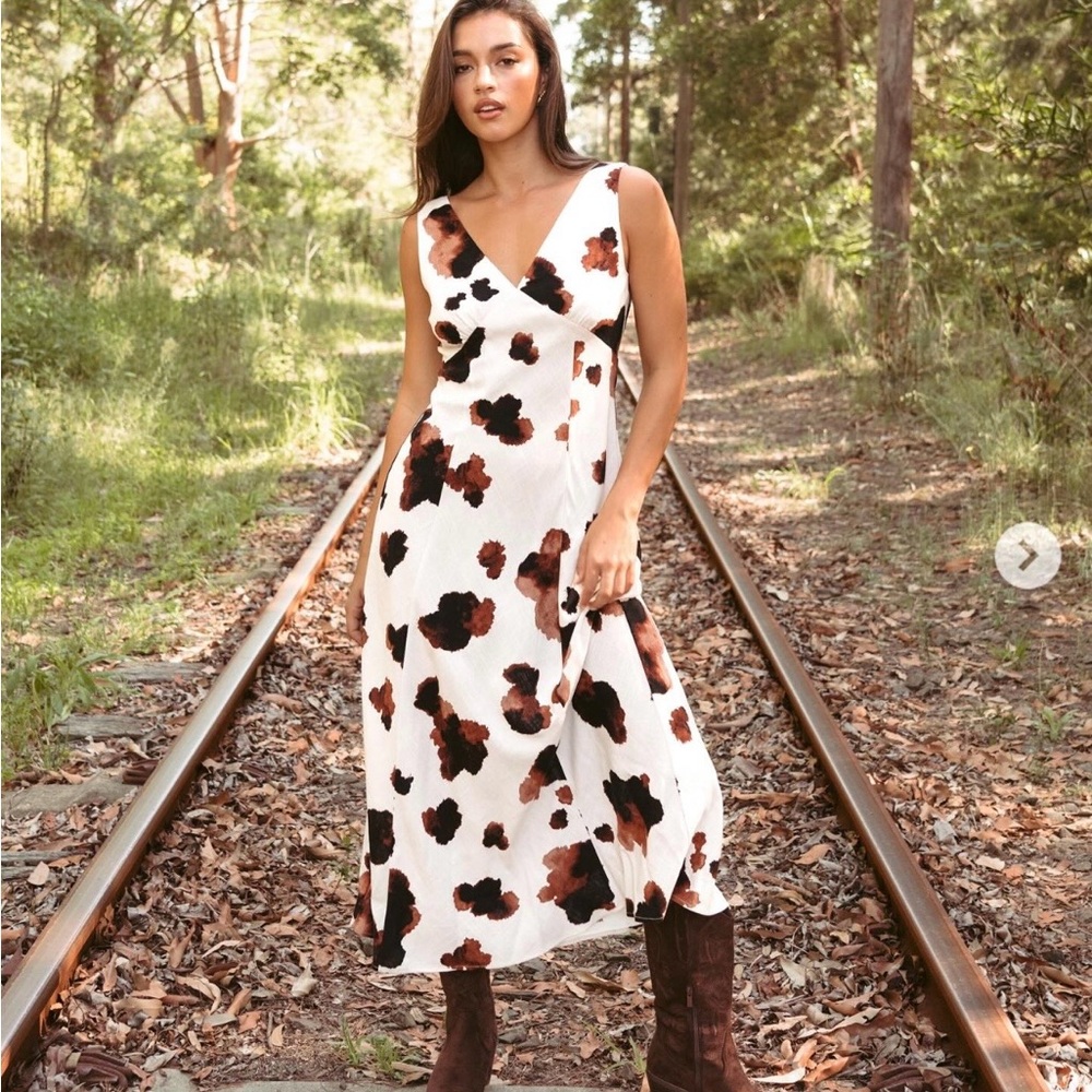 Paper Heart Ecru Brown Black Pony Sleeveless Linen Blend Maxi Dress Size S